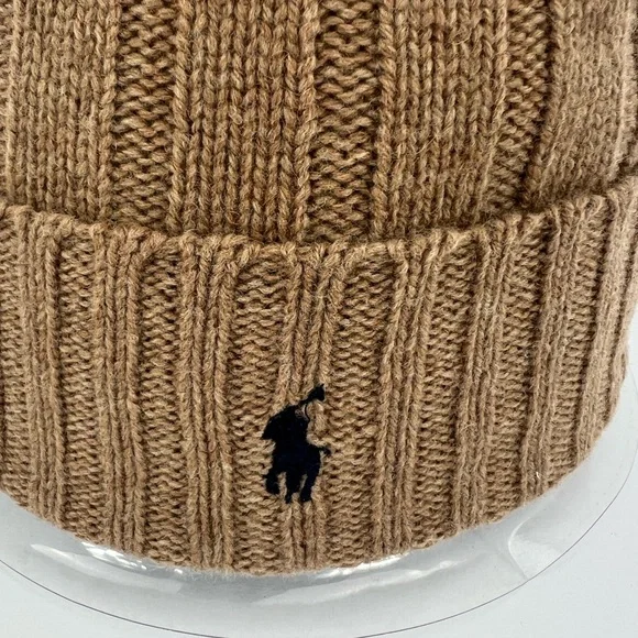 POLO RALPH LAUREN, LIGHT BROWN BEANIE, ONE SIZE FITS, 50% WOOL 50% NYLON, UNISEX - Picture 6 of 17